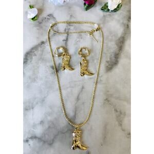 Gold Filled 14k Western Boots Cowgirl Jewelry Set Zirconia Necklace Earrings 19"